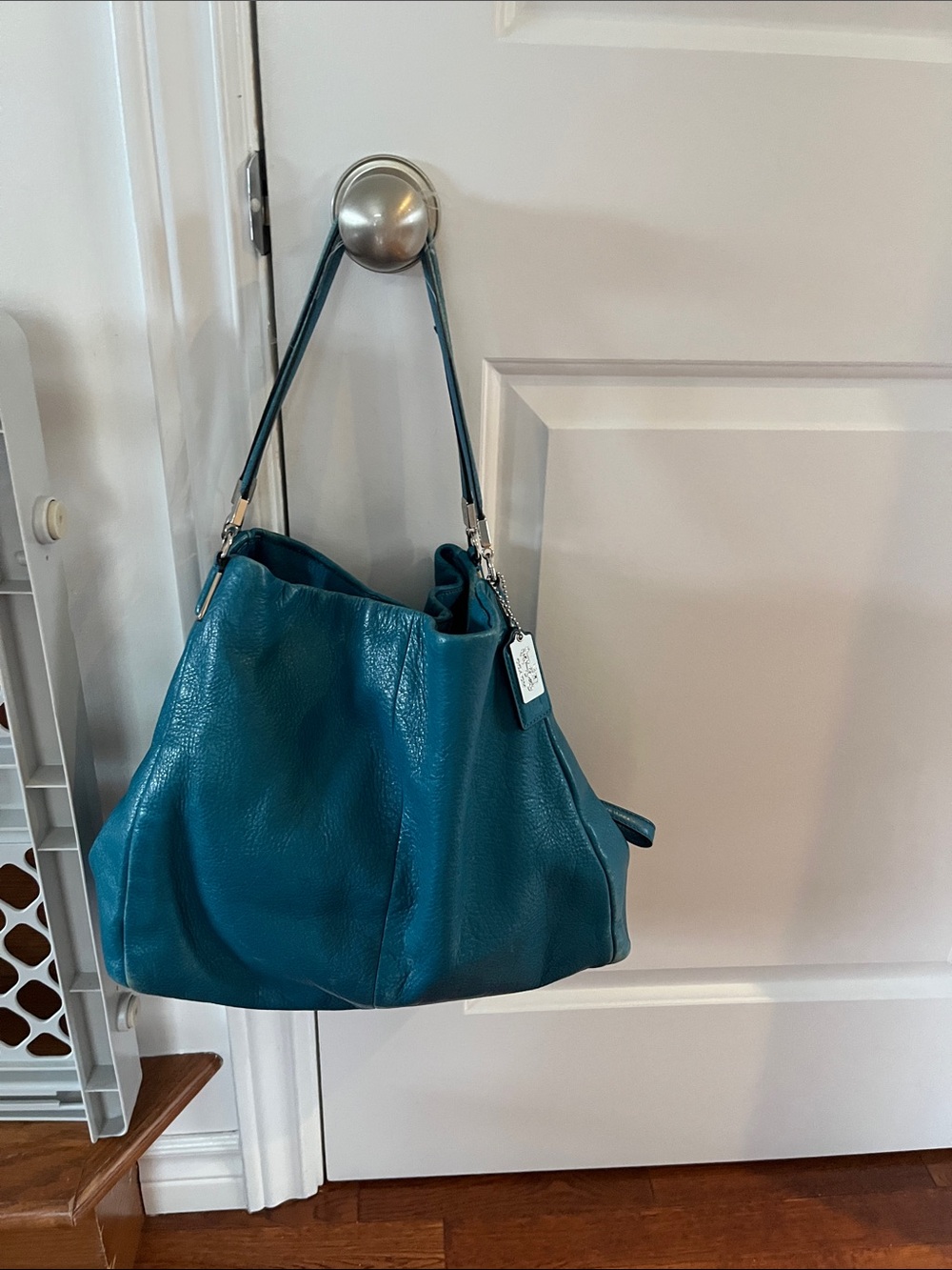 Coach Teal Leather Bag & Silver Hardware Bag Charm